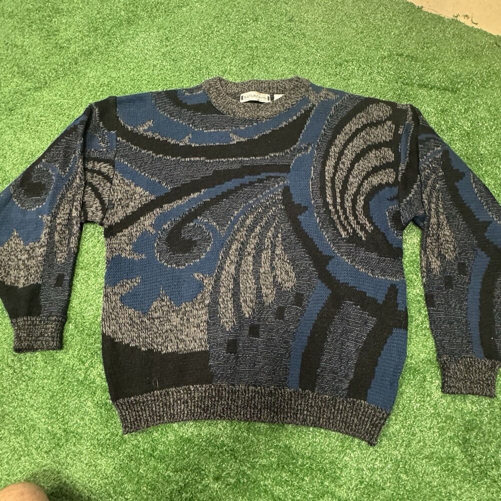Saturdays NYC Sweater Mens XL Abstract Coogi Style Knit Blue Gray Crewneck